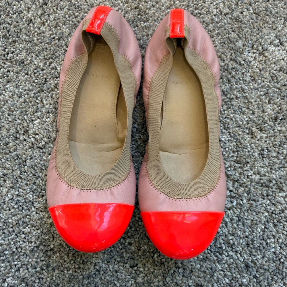 J.Crew Made in Italy Leather Ballet Flats Size 6 Nude w Neon Coral Cap Toe